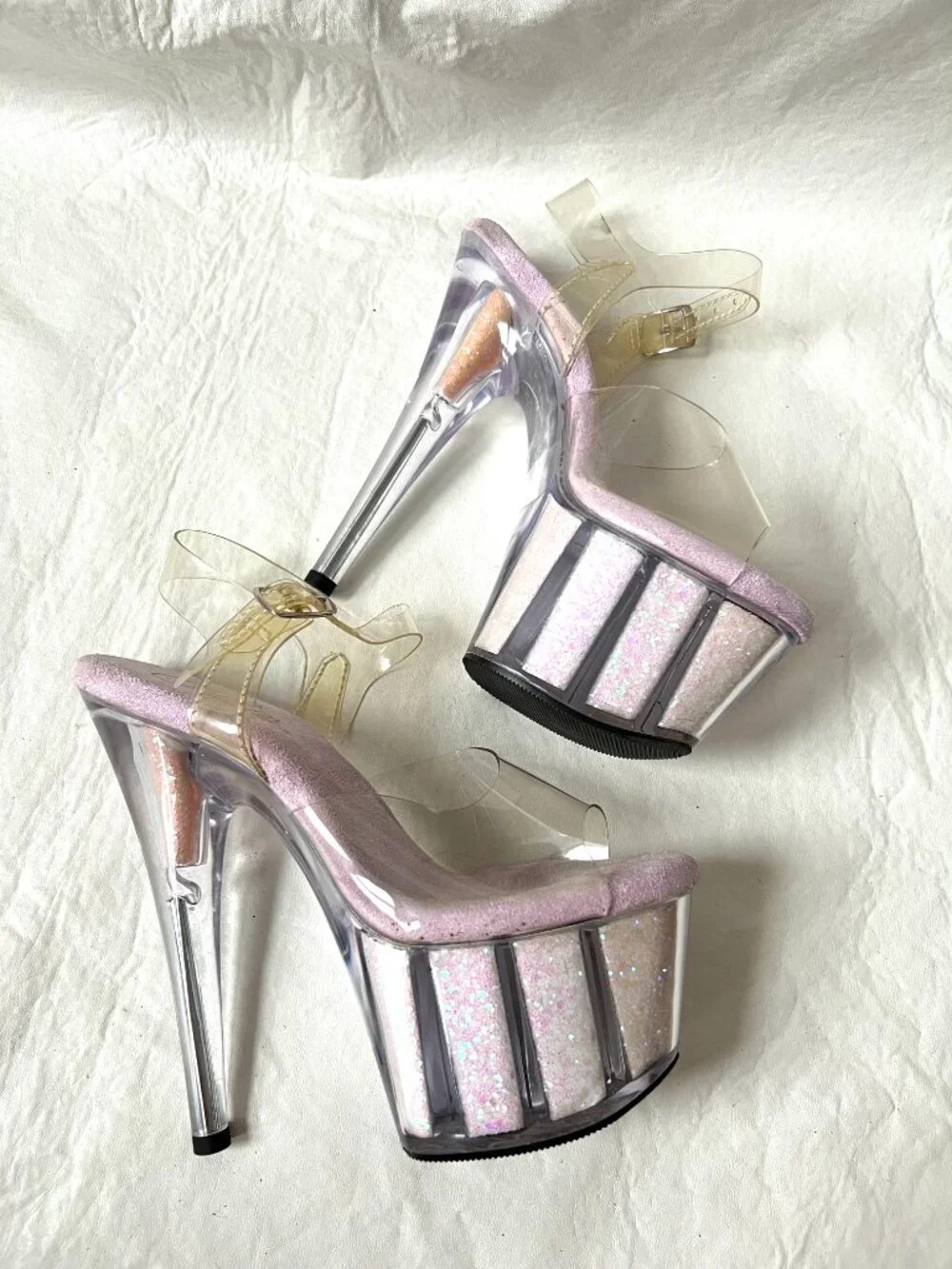 Pleaser platform high heels womens 8 clear plastic Adore-708UVG glitter UV glow